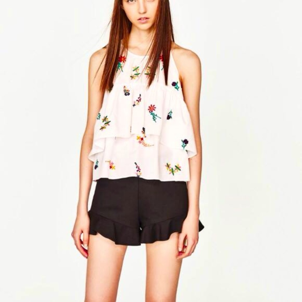 Zara Trafaluc White Floral Embroidered Tiered Tie Neck Tank Top Size Large